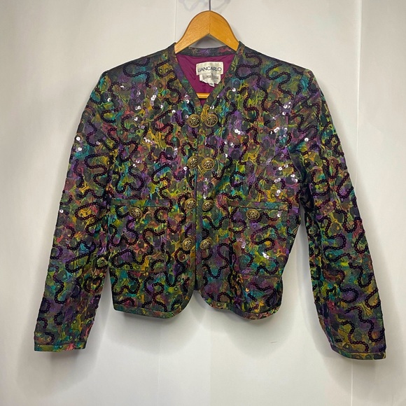 Lian Carlo Neiman Marcus Multicolor Sequin Fabric Detail Short Button Up Jacket - Picture 1 of 11